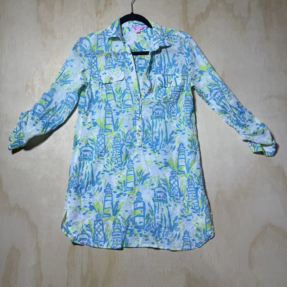 Lilly Pulitzer Lighthouse Print Tunic Top XS Blue Green Coastal Beach